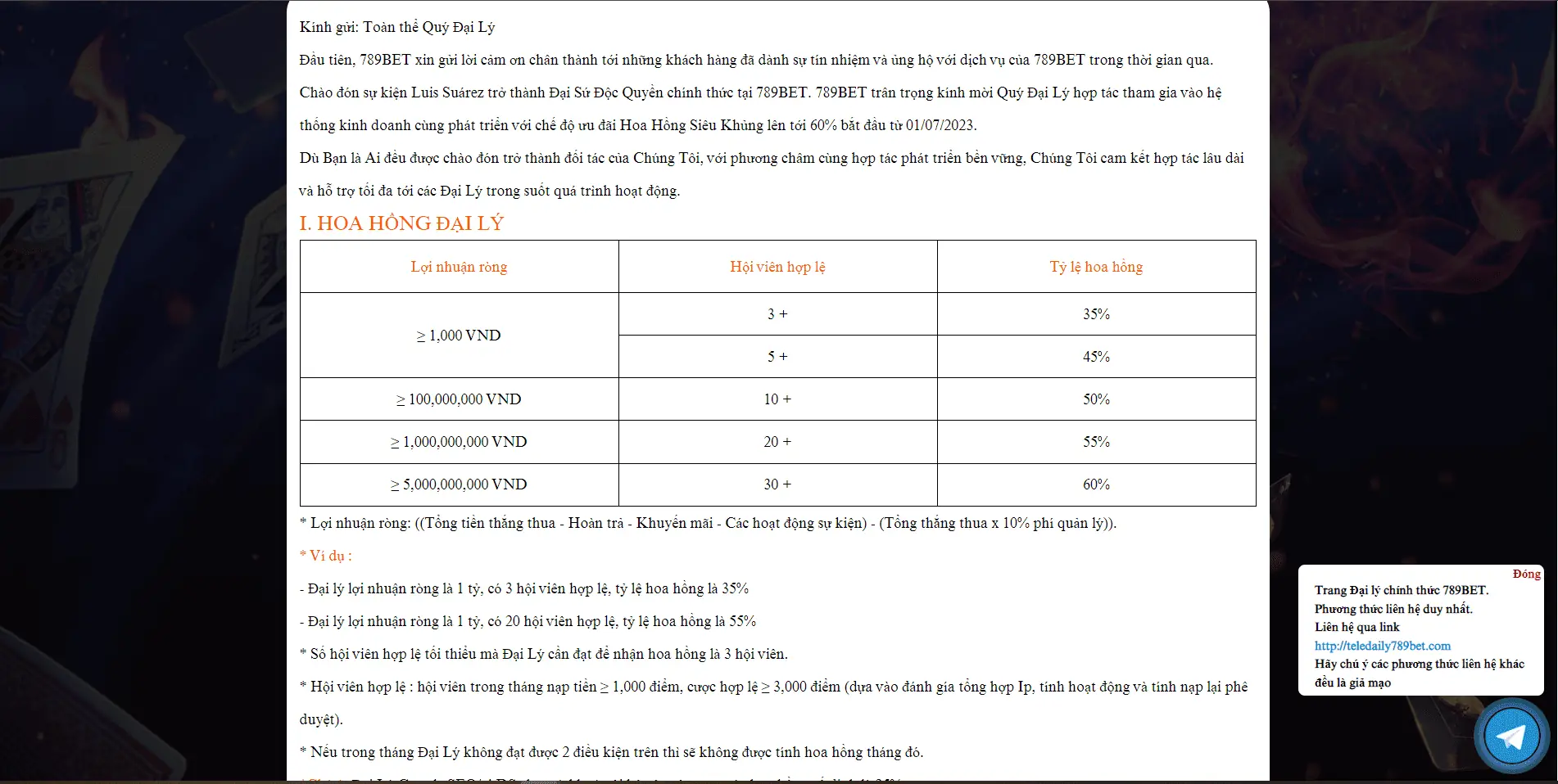 Quyền lợi hấp dẫn cho các đại lý 789BET
